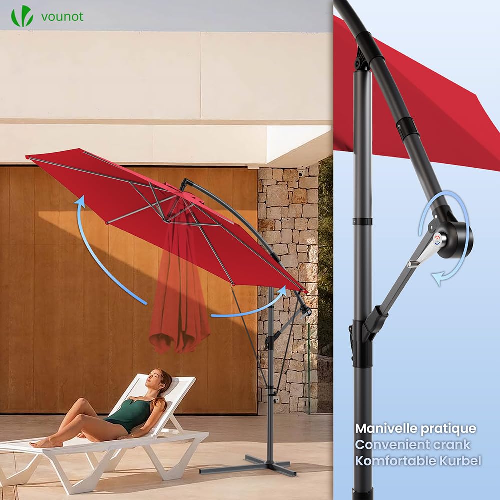 VOUNOT? 3m Cantilever Garden Parasol, Banana Patio Umbrella with Crank Handle, Wind Protection Strap and Tilt for Outdoor Sun Shade, Red