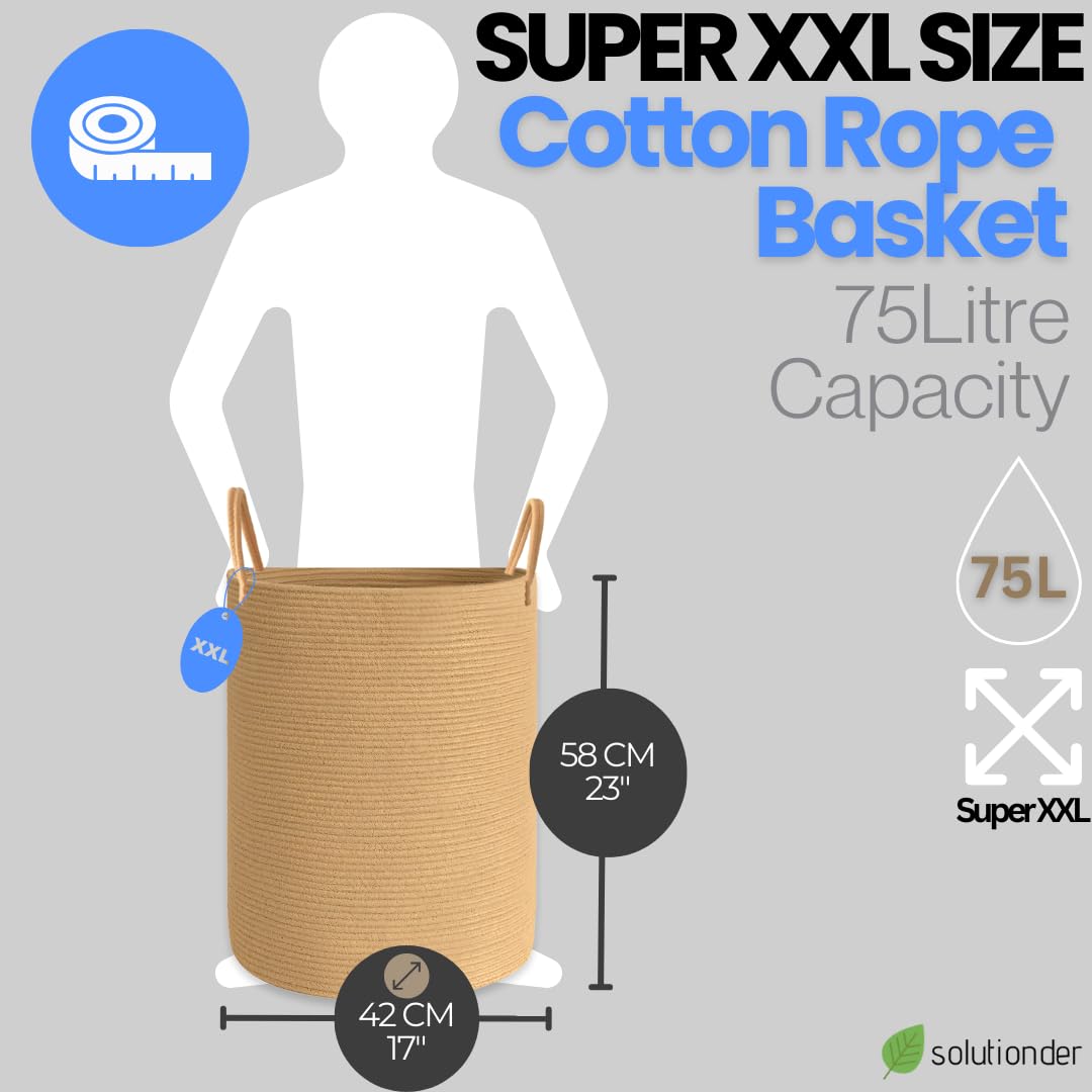 Solutionder Extra Large Cotton Rope Storage Basket (Honey) – Woven Laundry, Blanket & Toy Organiser, Washing Basket for Laundry, Nursery & Home