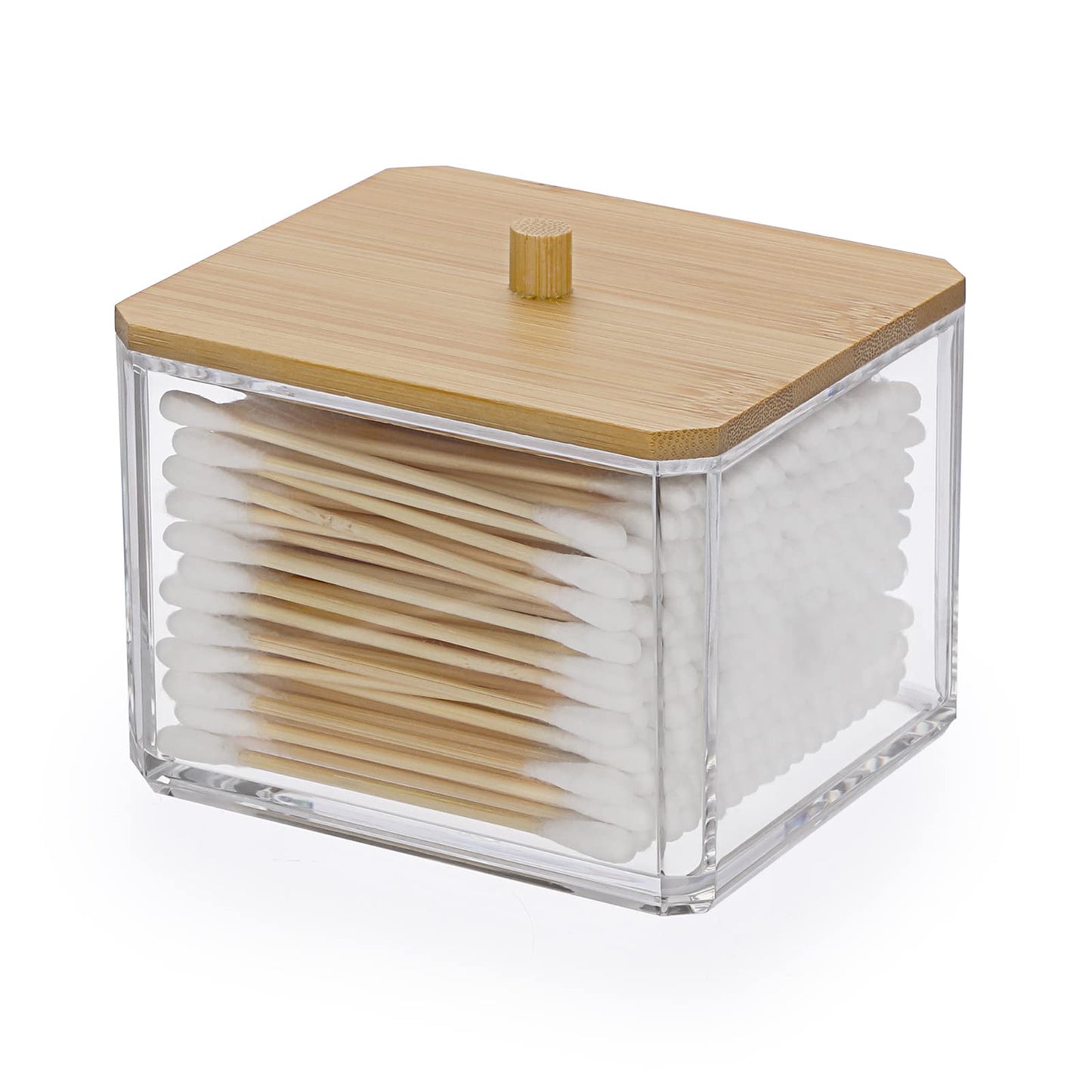 SUMTree Square Qtip Cotton Ball Holder Qtip Dispenser with Bamboo Lid