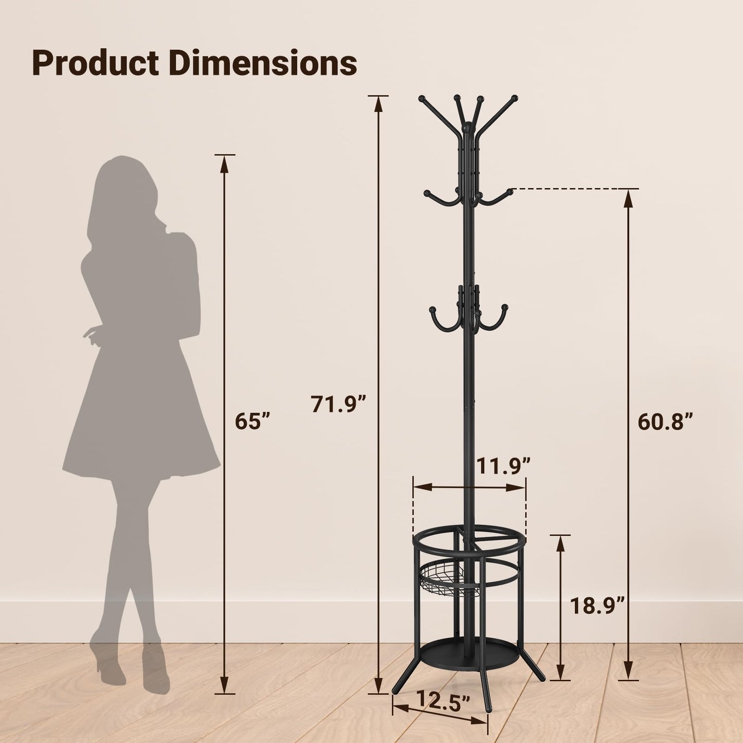 ELYKEN Metal Coat Stand with Umbrella Holder Vintage for Office Black