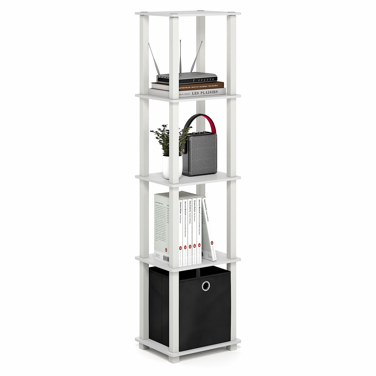 Furinno TURN-N-TUBE Book Shelf, 5-Tier Square Open Frame Display Shelf, Corner Storage Shelves with Storage Bin, Shelving Unit, for Organization