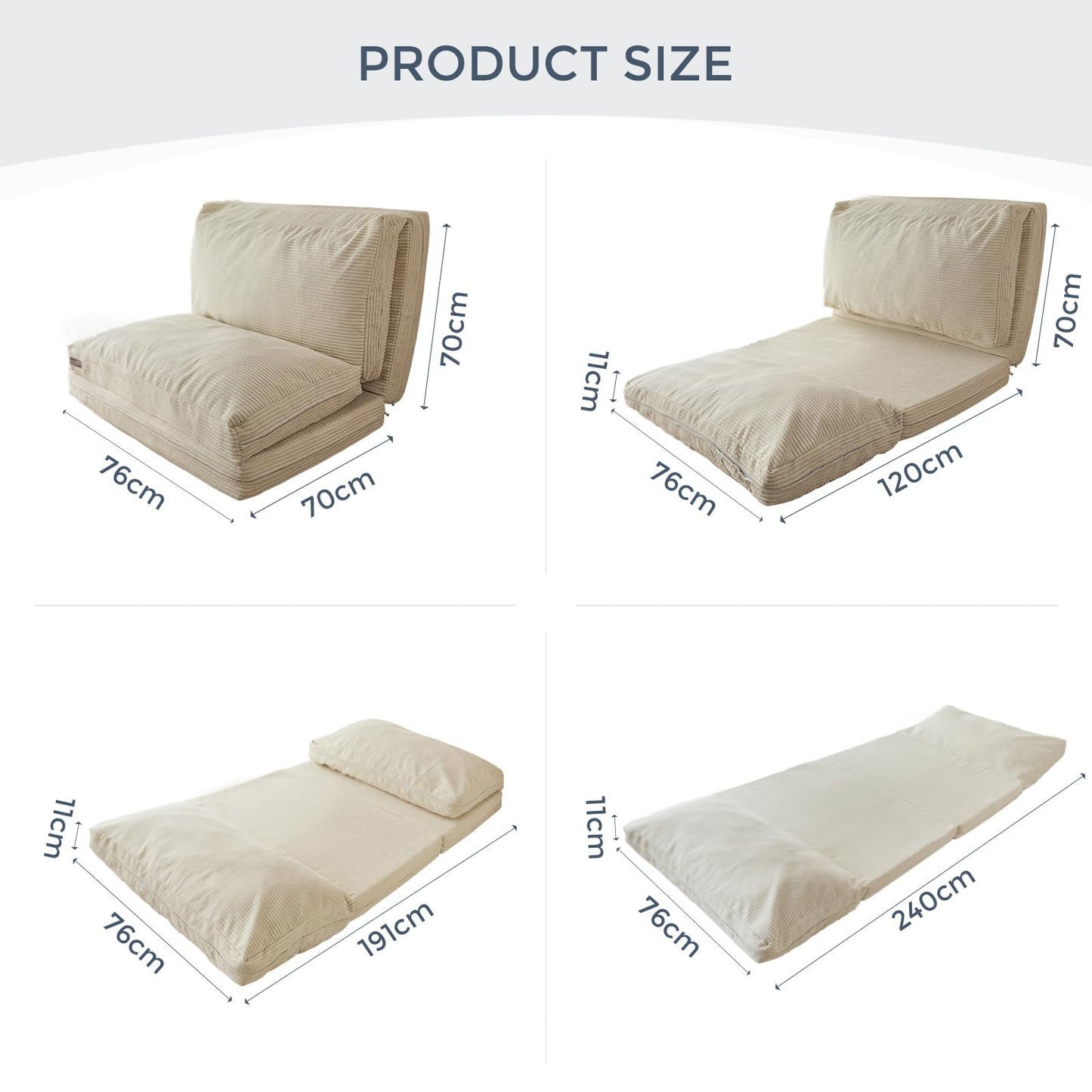 MAXYOYO Folding Corduroy Sofa Bean Bag Bed Chair Foam Filling Extra Thick 4 Fold Floor Couch Matress for Adults