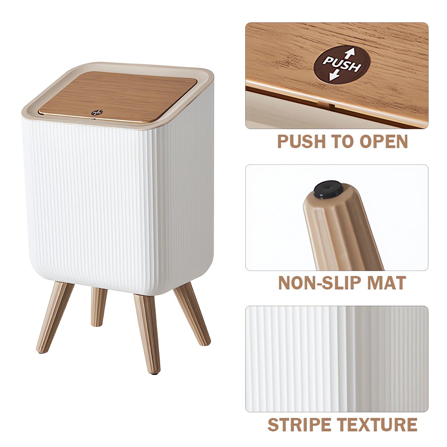 9L Bedroom Bin,Bathroom Bins with Press Top Lid,White Toilet Trash Can with Legs,Nordic Modern Waste Garbage Can for Kitchen Bathroom Bedrooms Office