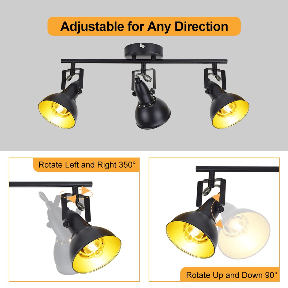 Depuley Retro 3 Way Swiveling Ceiling Spotlight, Kitchen Lights with 3 Trumpet-Shaped Shade, Black-Gold Metal Iron Cover, Rotatable Ceiling Lighting