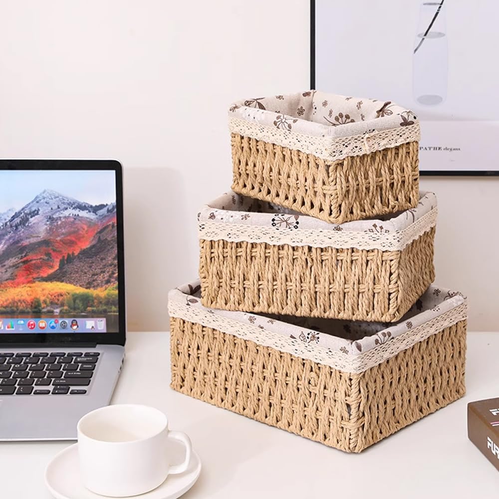 KiKiHong Set of 3 S/M/L Paper Rope Woven Storage Baskets Boho