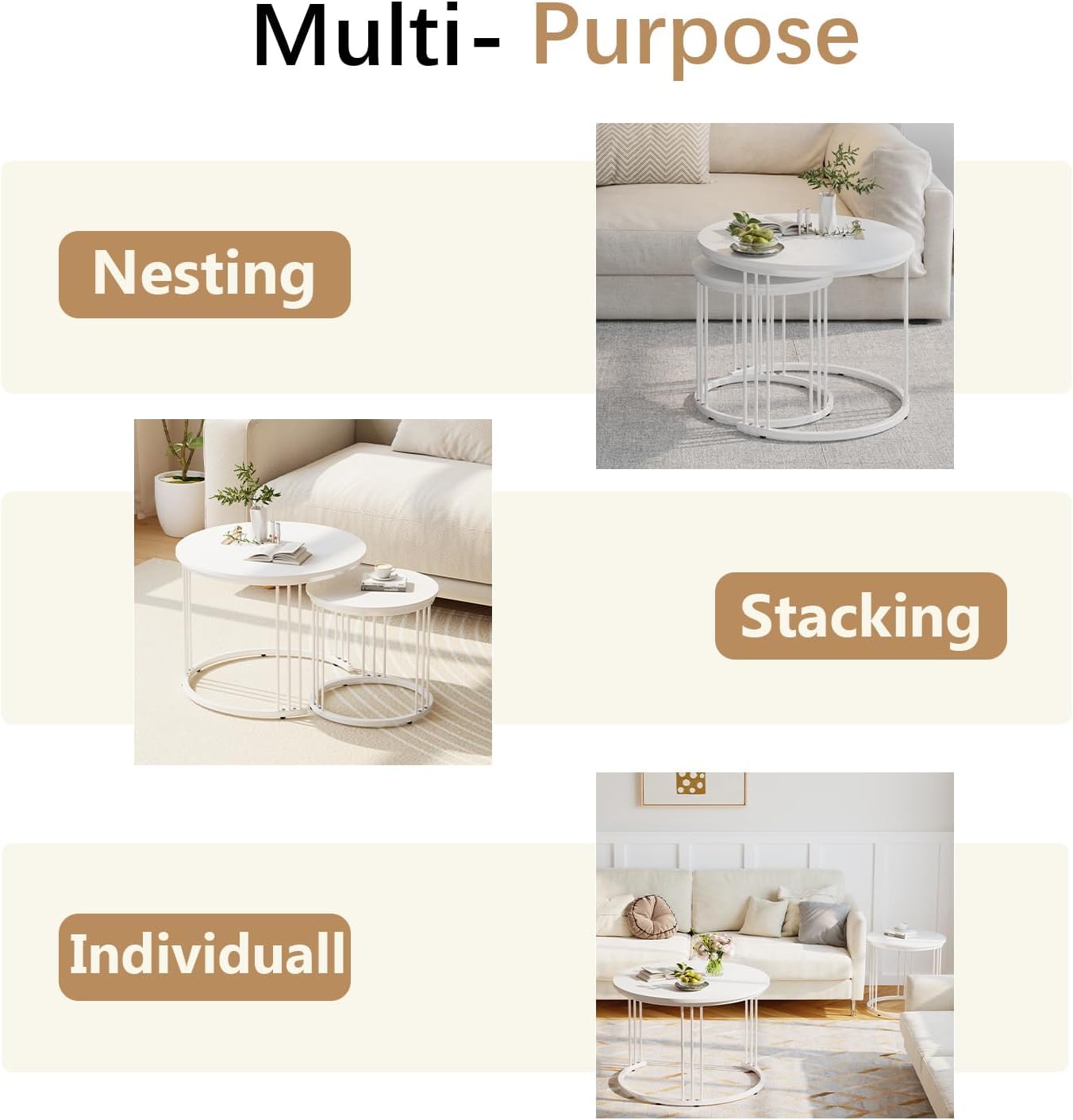Huhote Round Coffee Tables, Set of 2 End Table, Nesting Tables, Side Table with Metal Frame for Living Room/Bedroom/Balcony/Office/Apartment
