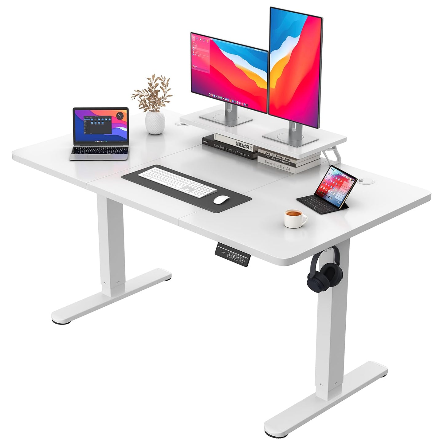 JUMMICO Electric Standing Desk with Monitor Stand, 140x60cm Height Adjustable Desk, Office Table with 2 Memory Smart Pannel,White