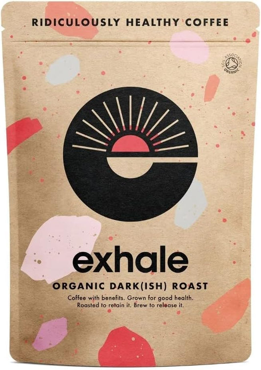 EXHALE Organic Ground Coffee - 450G PACK - Mycotoxin Free Single Origin and 100% Arabica Beans. For Cafetiere, Filter or AeroPress (Dark Roast)