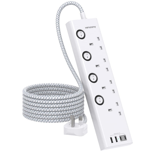 Extension Lead with USB Slots(2 USB C), HANYCONY 4 Way Plug Extension Socket with Individual Switches, 1.8M Extension Cable, Wall Mount Extension