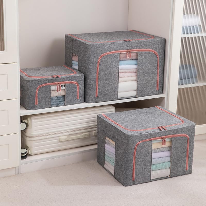 3Pack Clothing Storage Bags with Metal Frame，66L betterboxes Stackable Storage for Moving House，Foldable Clothes Organiser with Clear Windows and