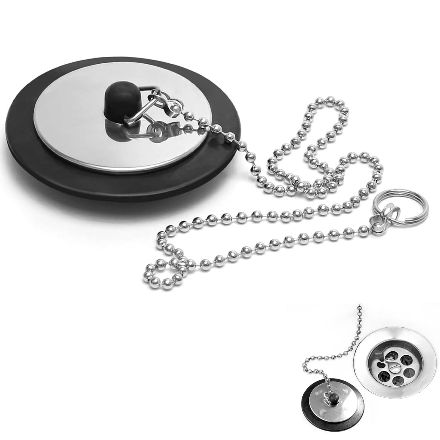 Universal Bath Plug with Stainless Steel Chain, Durable Bath Drain Plug Replacement for Bathtubs, Sinks & Kitchen Basins