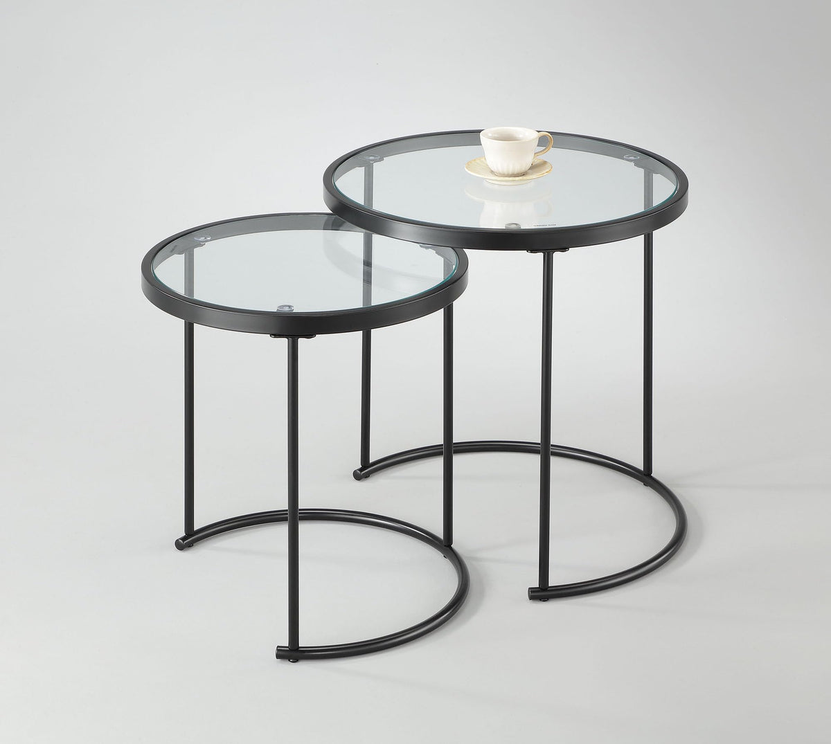 ASPECT Visio Set of 2 Round Nesting Table-Clear Glass Top/Black Frame Clear/Black