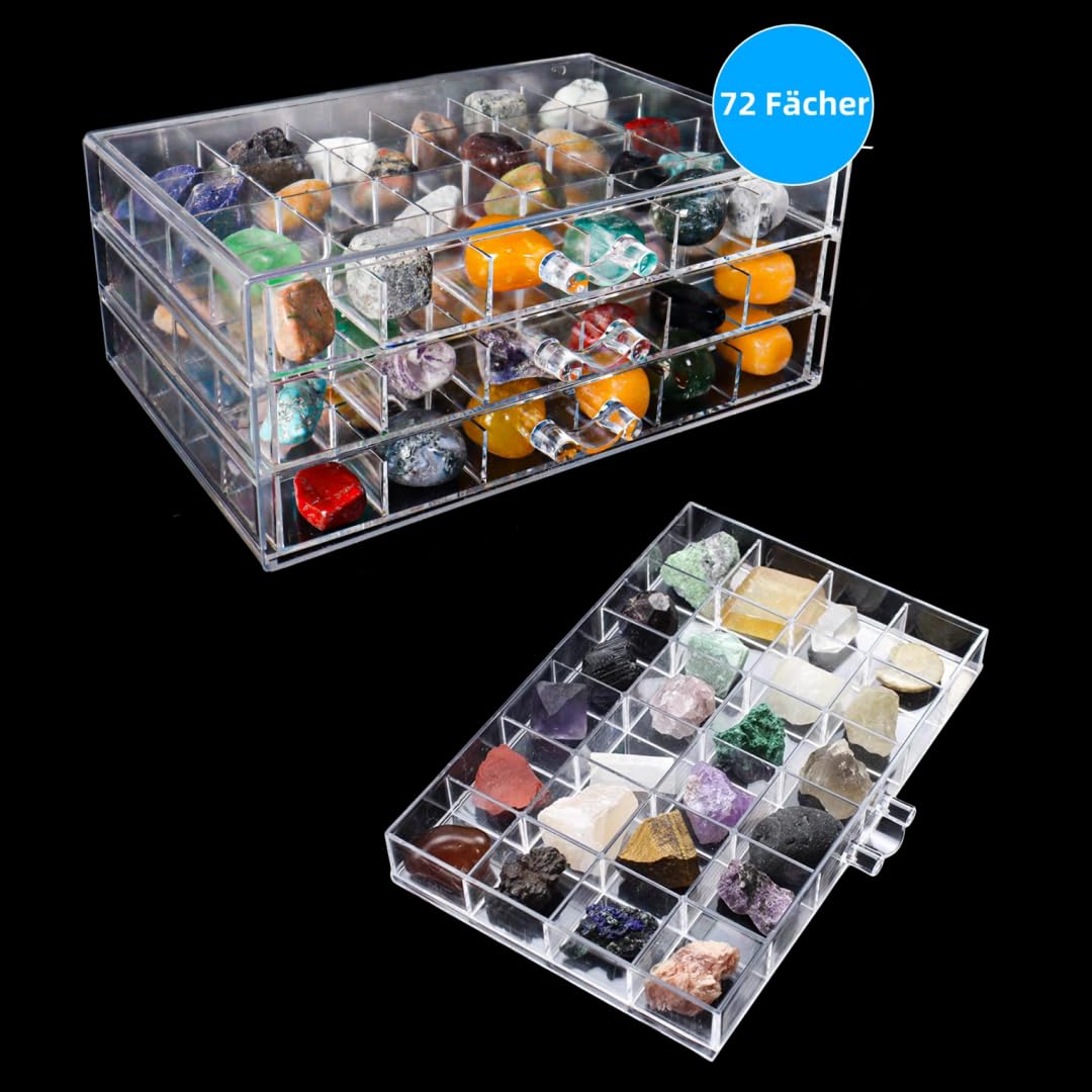 Dmnnlp Display Case for Small Rock , 3 Drawers 72 Grids(3x3cm), Clear Acrylic Rock Collection Box, Display Boxes for Collectables