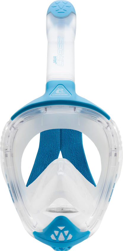 CRESSI Java Full Face Mask Clear/Blue S/M-Unisex Full Face Snorkel Mask, Ultra Clear Anti Fog Lens, 100% Silicone, Snorkel Dry with Safety Valves,