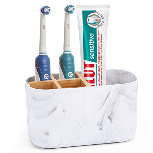 CHONLY Bamboo Toothbrush Holder for Bathroom Storage Organizer Caddy, Electric Toothbrush Holder for Kids Family, 5 Slots Toothbrush and Toothpaste