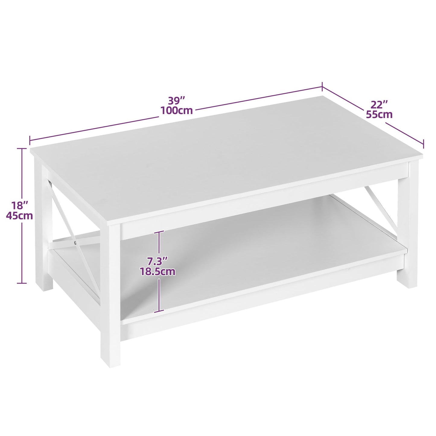 YITAHOME Coffee Table, Small 2-Tier Wooden Table with Storage Shelf, 100x55.3x45cm White Coffee Tables for Living Room