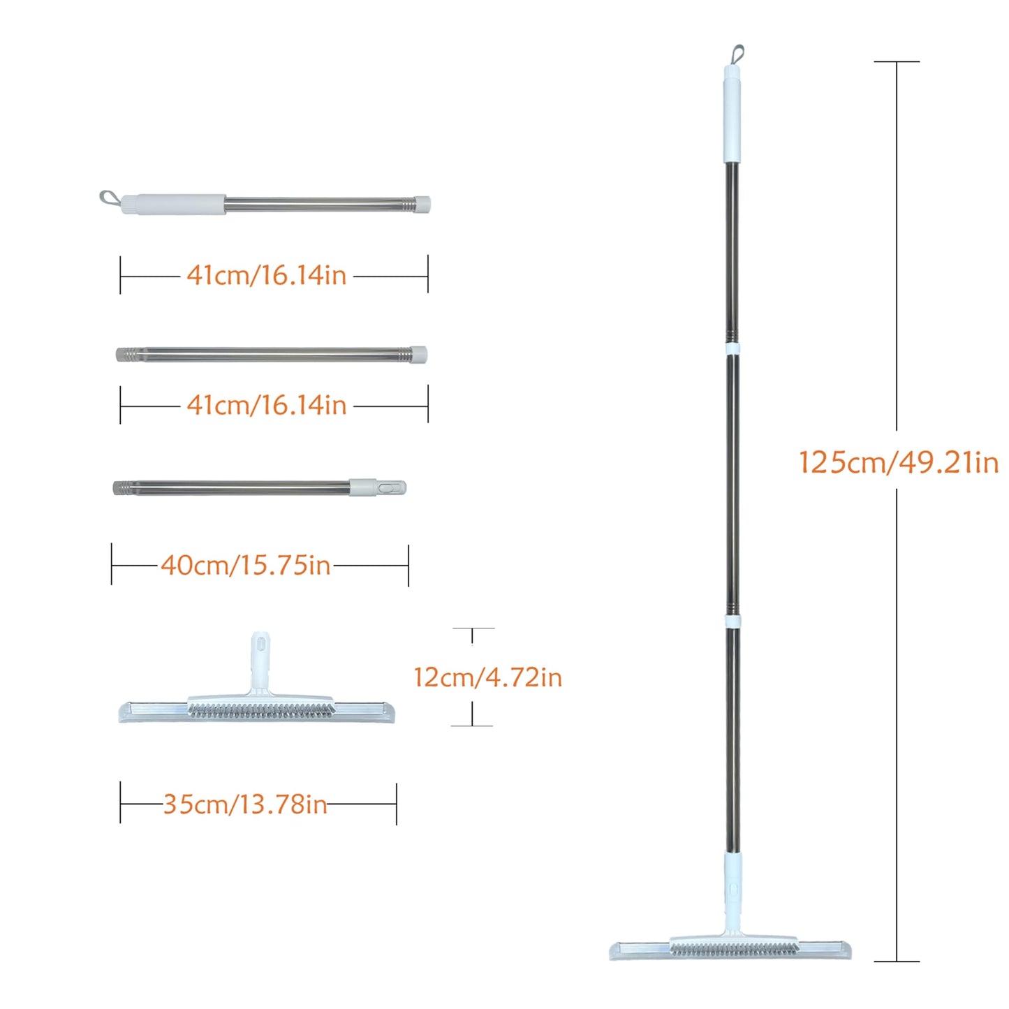 Telescopic Wiper Silicone Blade, 20cm Hard Brush & 180° Swivel Head (125cm/49") Floor Squeegee Scrubber with 50" Adjustable Handle and Grout Brush