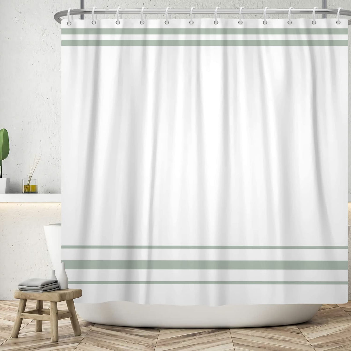 SDOTPMT 180x180cm Green and White Shower Curtain Modern Classic Green Striped Bath Curtain Countryside Farmhouse Minimalism Bathtub Curtain for