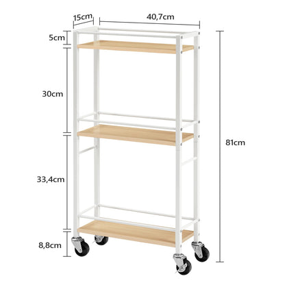 MAHANCRIS 3-Tier Slim Rolling Cart, Mobile Utility Cart on Wheels, Narrow Shelving Unit for Small Space, Wooden Kitchen Storage Rack, for Bathroom,