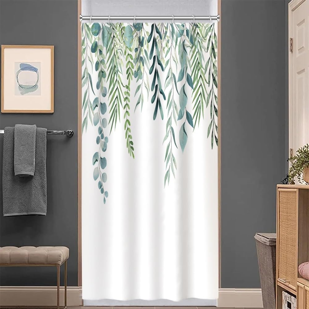 Uiiooazy Sage Green Stall Shower Curtain, Green Eucalyptus Leaves Bath Curtain Mildew and Mould Resistant Polyester Fabric Washable Opaque Shower