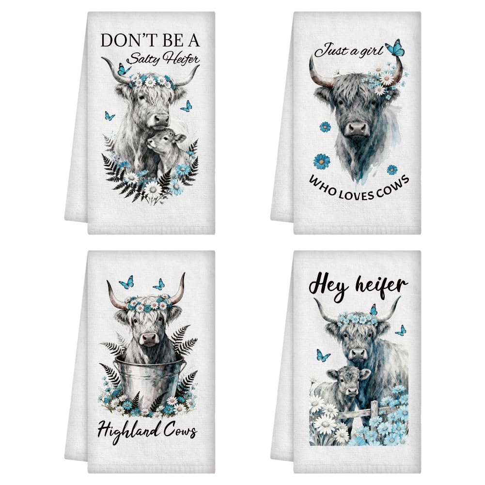 WADORN 4Pcs Highland Cattle Hand Towels, Vintage Farmhouse Rustic Kitchen Dish Towels 24 x 16 Inch Animal Microfiber Absorbent Soft Tea Dishcloths