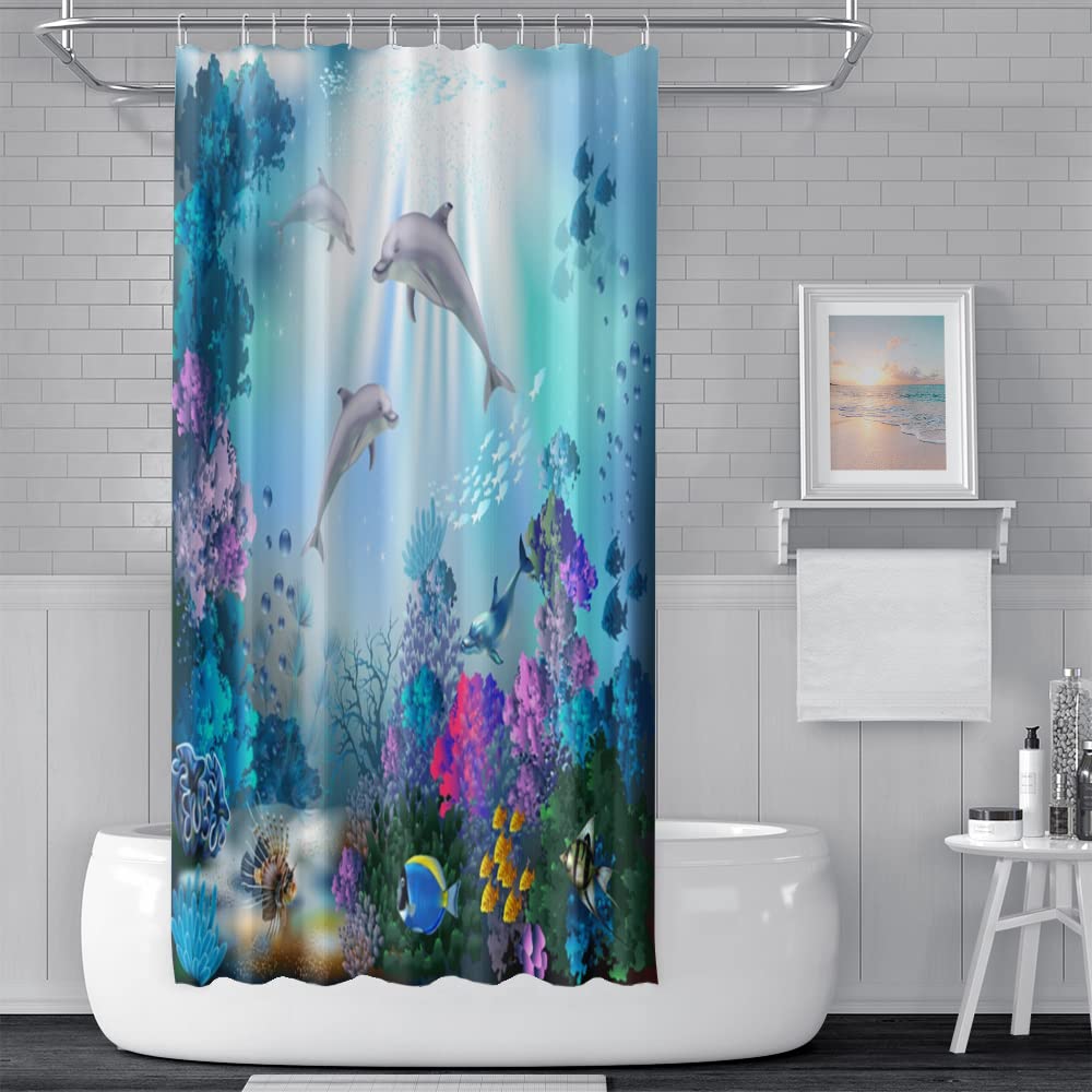 SDOTPMT 122x183cm Ocean Dolphin Shower Curtain Sunbeam Tropical Colorful Fish Bath Curtain Underwater World Marine Animals Bathtub Curtain for