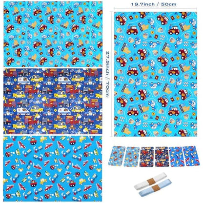 Kids Boys Birthday Gift Wrap Set - Police Car Fire Trucks Crane Ambulance Giraffe Elephant Gift Wrapping Paper Sheets, Tag Ribbion