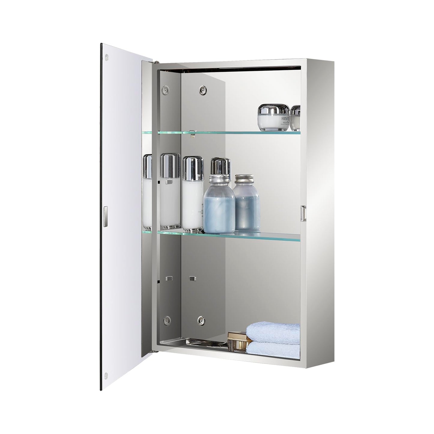 Fundin Stainless Steel Bathroom Mirror Cabinet, Single Door with Adjustable Glass Shelves, Surface Mounted, 40cm W x 60cm H, Mirrored Finish