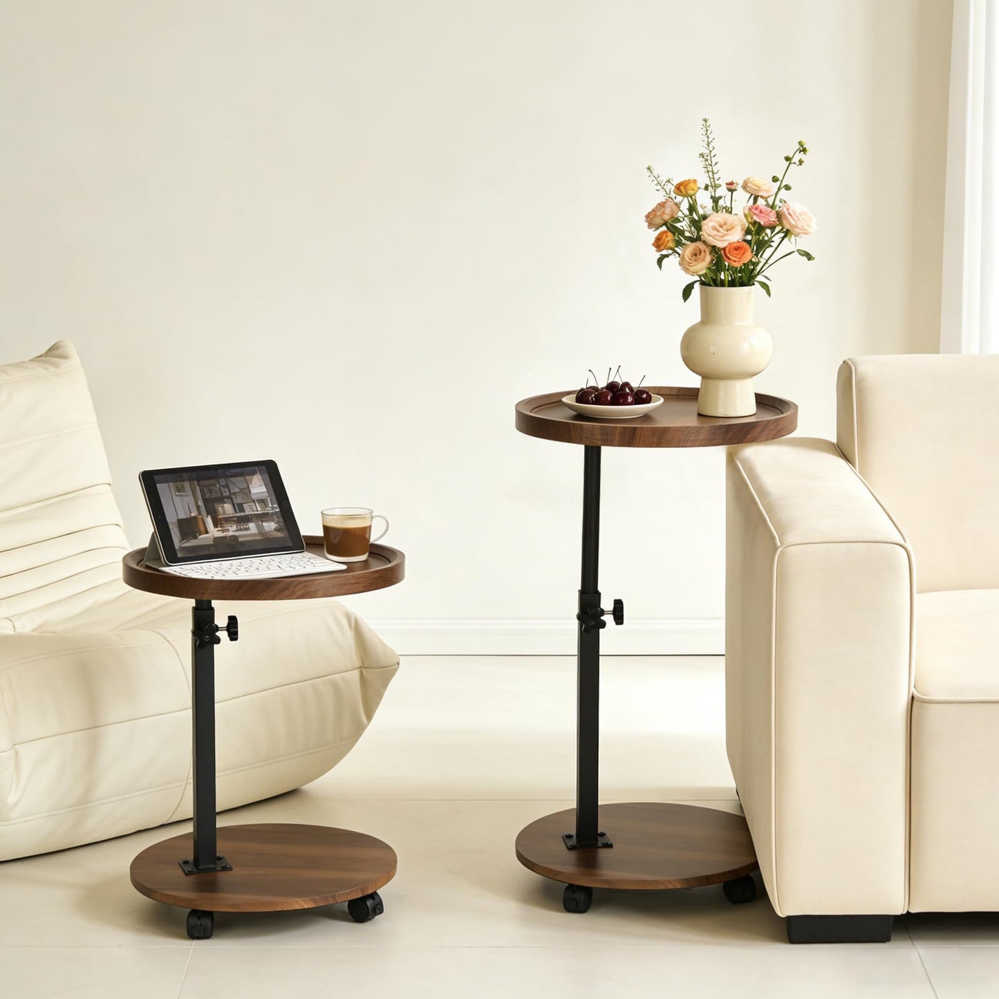 YYW C Shaped End Table Adjustable Height, Couch Tables That Slide Under for Small Spaces, 360°Swivel TV Tray Table