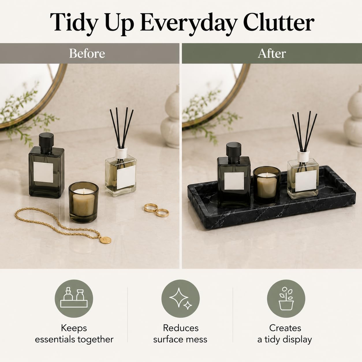 Flexible Silicone Marble Tray for Bathroom & Vanity Countertops - Rectangular Storage Organiser for Perfumes, Cosmetics, Jewellery