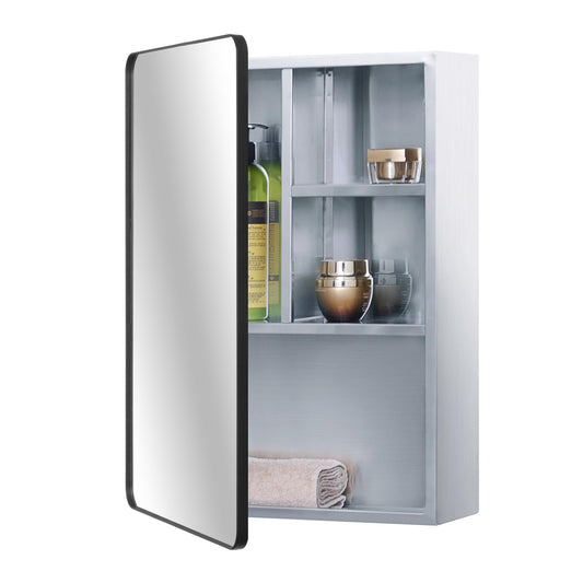 Fundin Stainless Steel Bathroom Mirror Cabinet with Matt Black Framed Door, multi shelves,37x53 cm (15 x 21 inch)