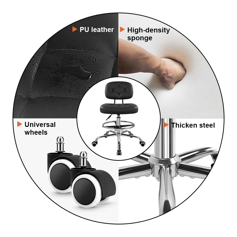 KKTONER Drafting Chair with Backrest Rolling Stool with Wheels Adjustable Footrest Swivel Chair Height Adjustable Office Chair for Shop Counter