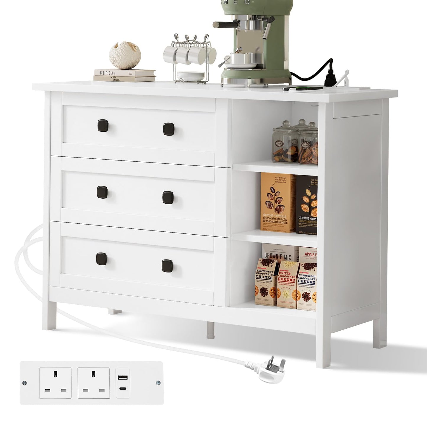 Feonase White Chest of Drawers Bedroom with Charging Station, 3 Drawer Chest of Drawers with Open Storage Unit