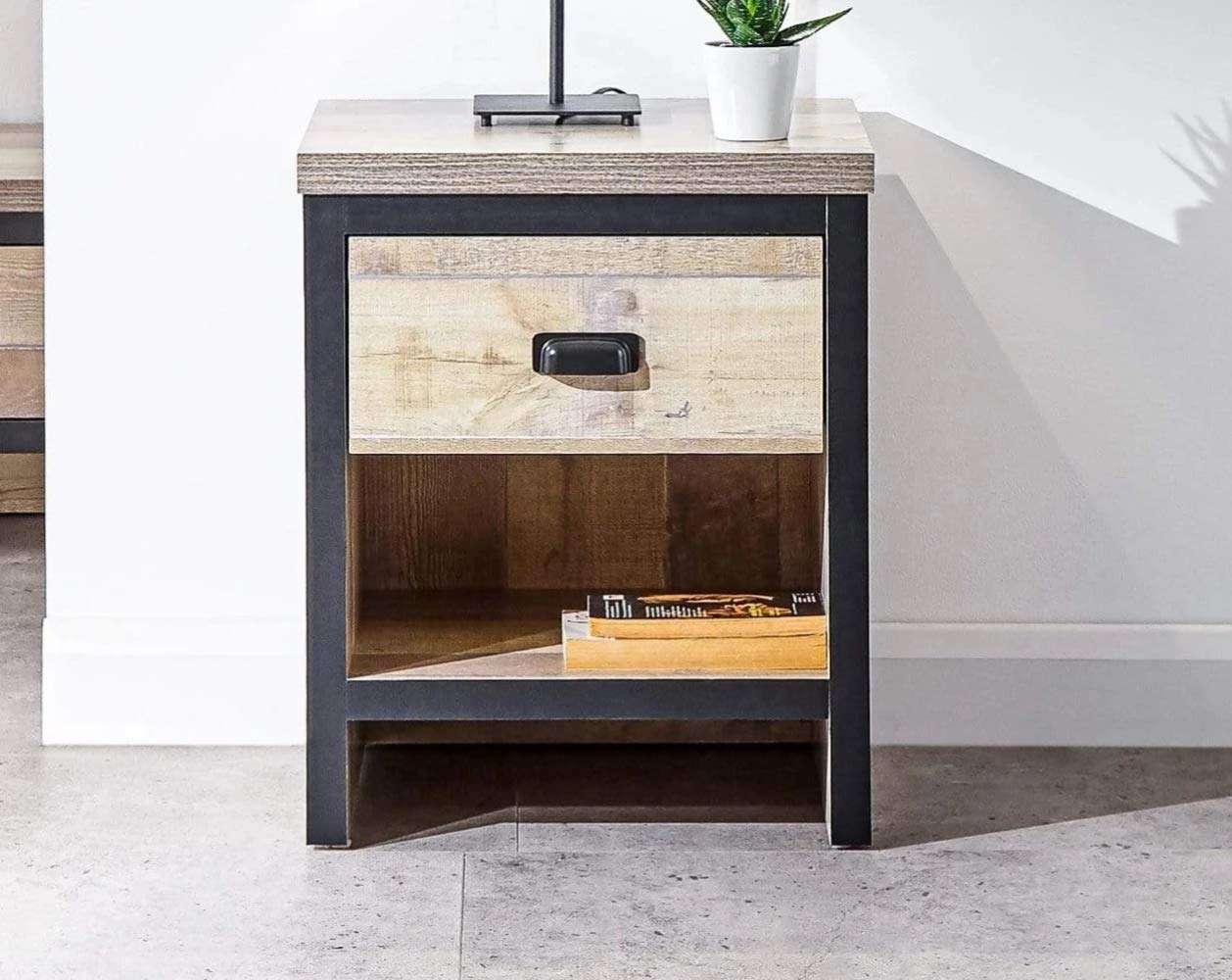 GFW Boston Lamp Table with Drawer, Industrial Side Table with Black Metal Handle, Oak Effect Finish and Contrasting Frame, Living Room End Table