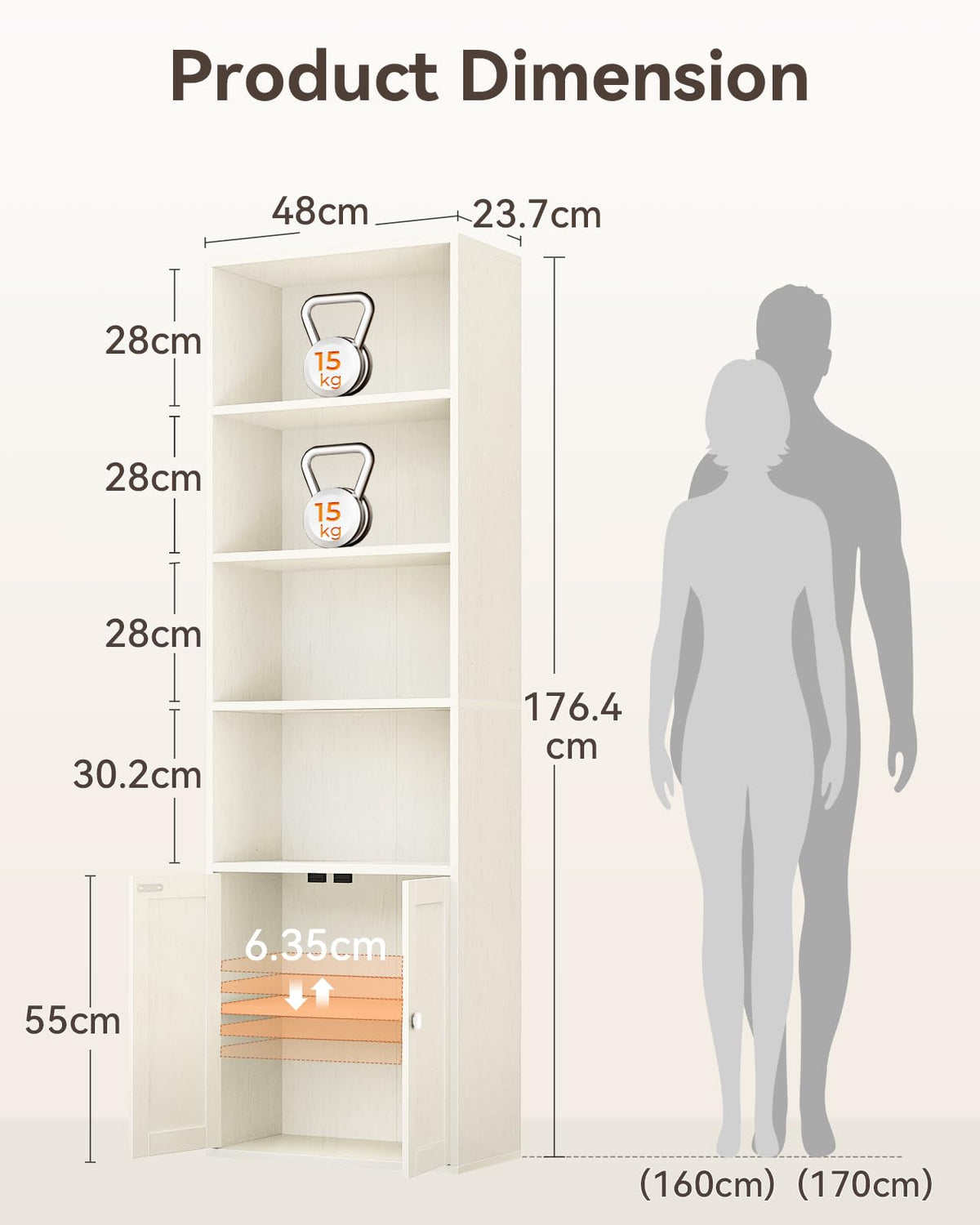 Coleshome 6-Tier Bookcase With Doors, Storage Cabinet, 176.4 cm, White