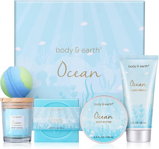 BODY & EARTH Pamper Gifts for Women, 5 Pcs Ocean Bath Spa Gift Set Includes Scented Candle, Body Butter, Gift for Mum Birthday Gift Sets Christmas