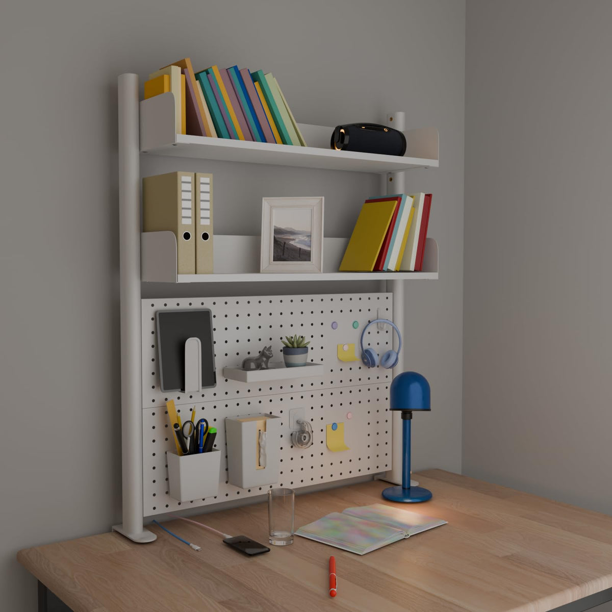 Boltmol Clamp-on 2-Tier Desk Shelf,White 80CM, Desktop Organizer With Pegboard, Countertop Storage Bookcase For Home, Office Or Dorm