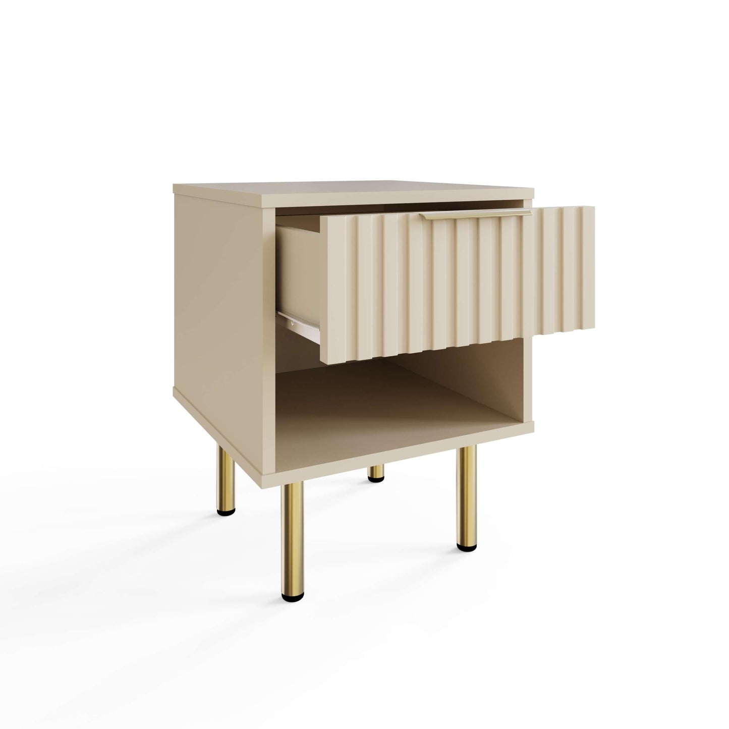 GFW Nervata Lamp Table, Oak Effect Side Table with Drawer Storage, Ribbed Detailing & Metal Legs