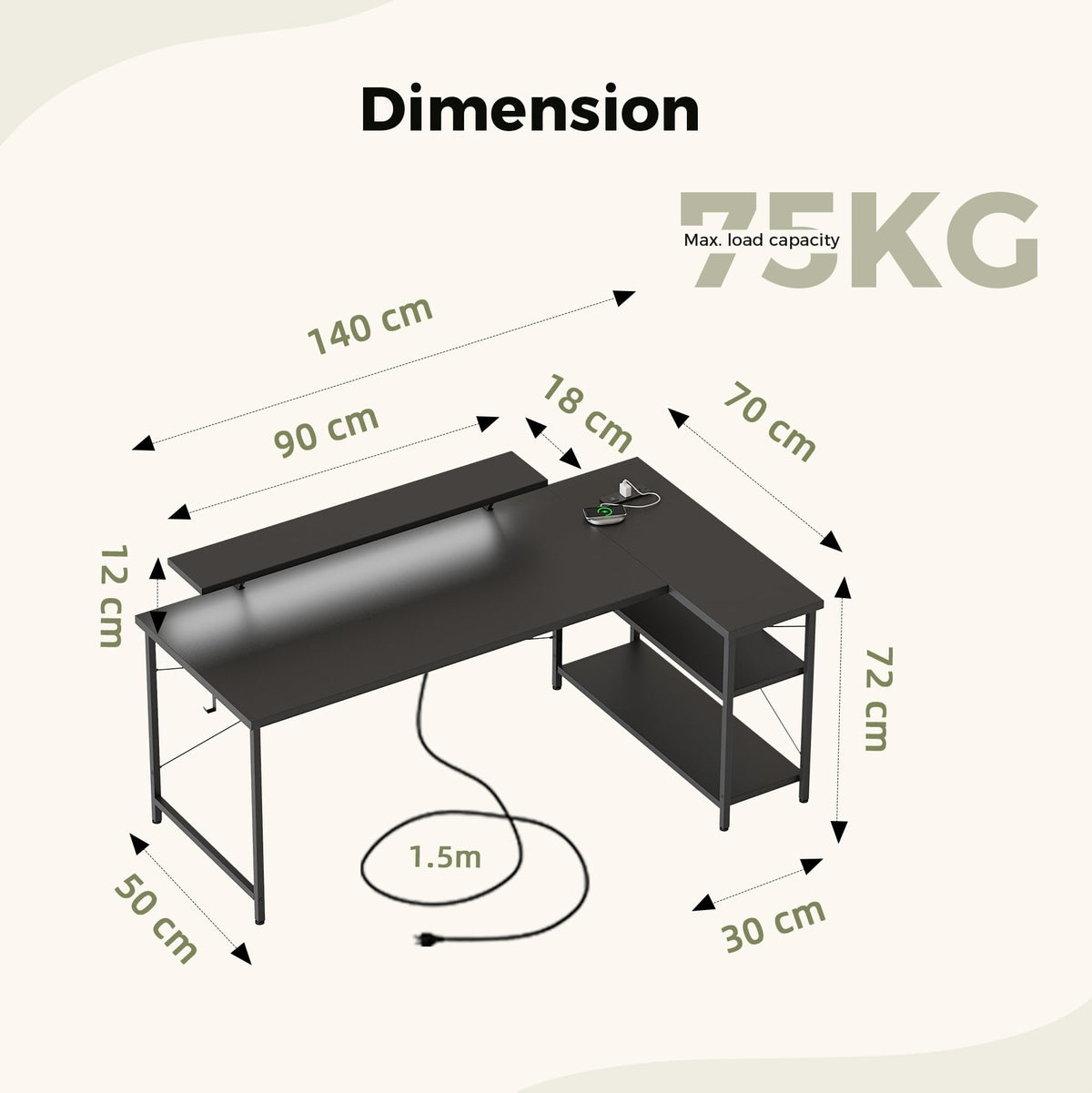 Mericonia Reversible Corner Desk, w. Led & Power Outlets, 140x70cm, Black
