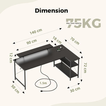 Mericonia Reversible Corner Desk, w. Led & Power Outlets, 140x70cm, Black