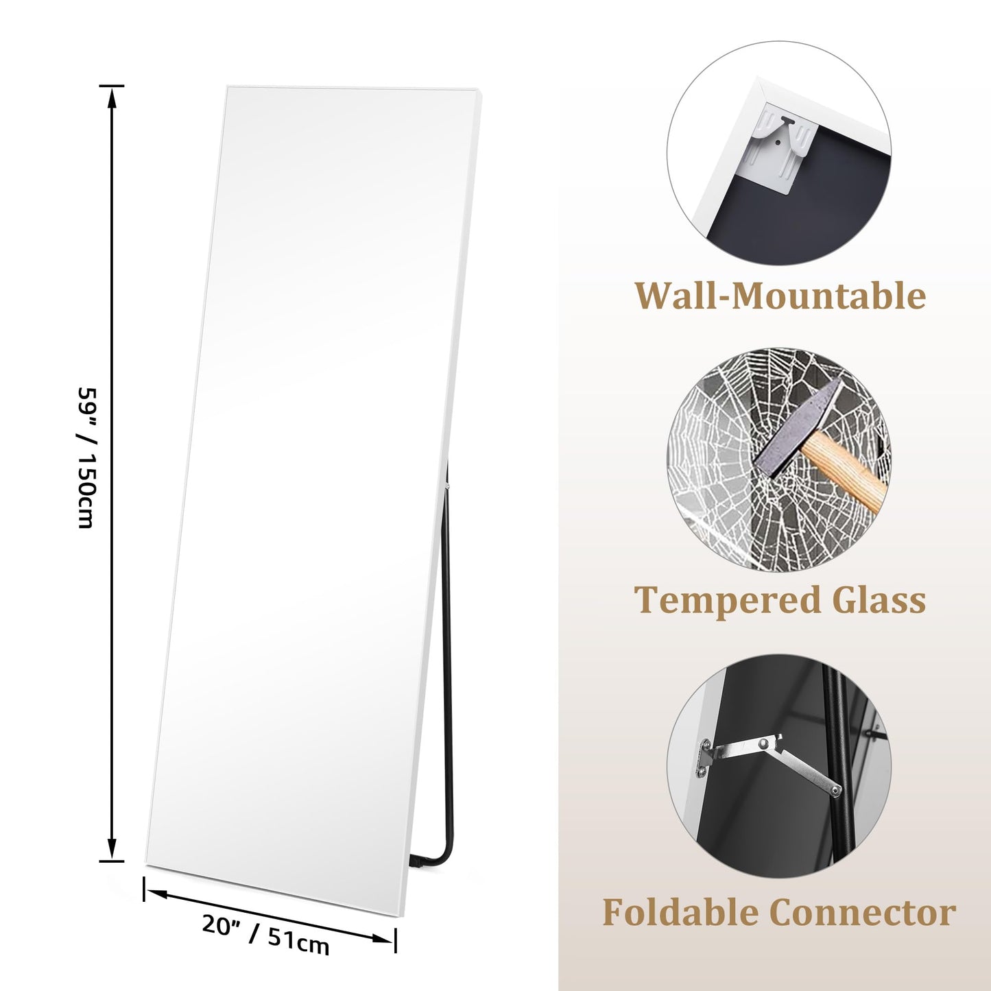 Hoikwo Full Length Mirrors 150x51 cm (59x20 inches),Standing Mirror with White Frame for Bedroom, Living Room or Bathroom