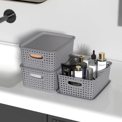 Ysmiltion Plastic Storage Baskets with Lid and Handle, 6 Pack, Light Gray