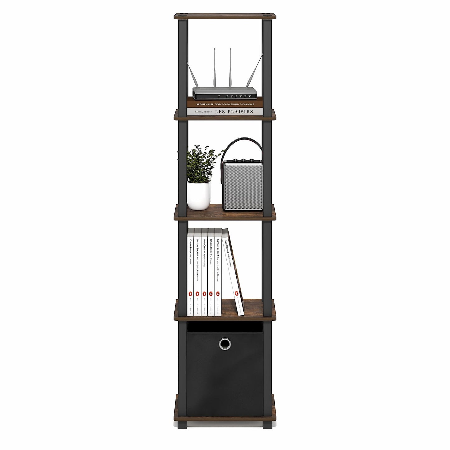 Furinno TURN-N-TUBE Book Shelf, 5-Tier Square Open Frame Display Shelf, Corner Storage Shelves with Storage Bin, Shelving Unit, for Organization