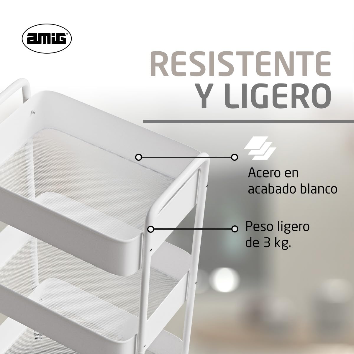 Amig – 3‑Tier kitchen trolley with castors Mod. LINN – Auxiliary steel shelving – White – Multipurpose trolley for kitchen, bathroom or office