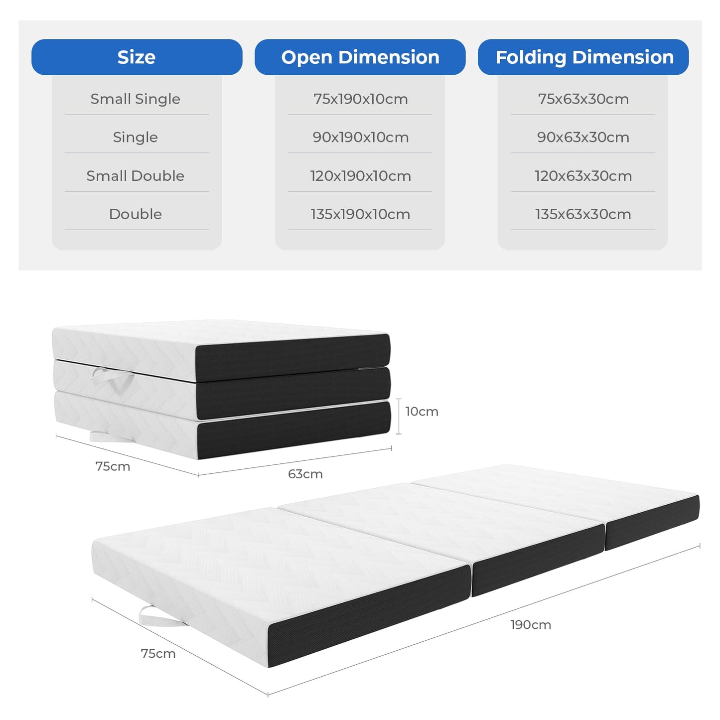 Vesgantti Folding Mattress Single 10CM Memory Foam Foldable Mattress