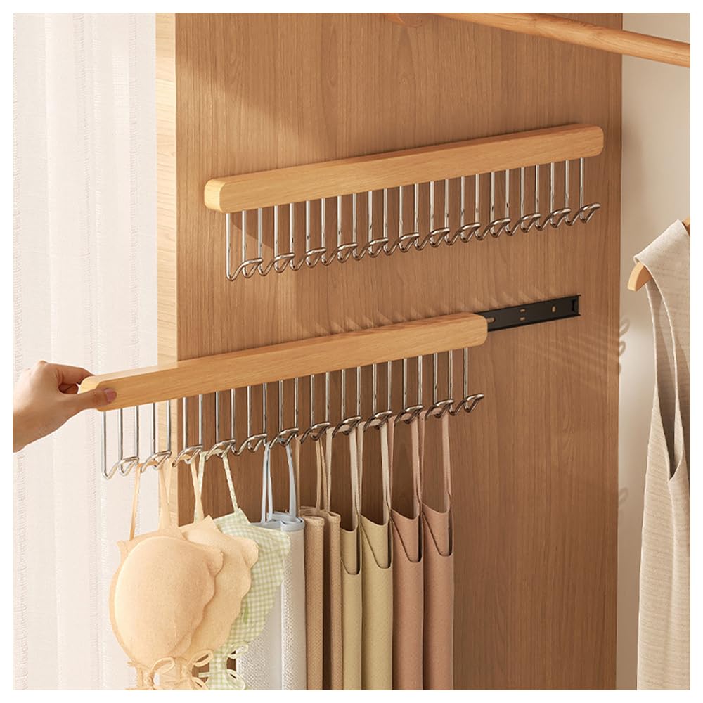 2 Pack Pull Out Belt Hanger for Closet, Wooden Tank Top Bra Hanger, Space Saving Coat Hooks Wall Mounted Hanging Organizer for Tie Belt Scarf