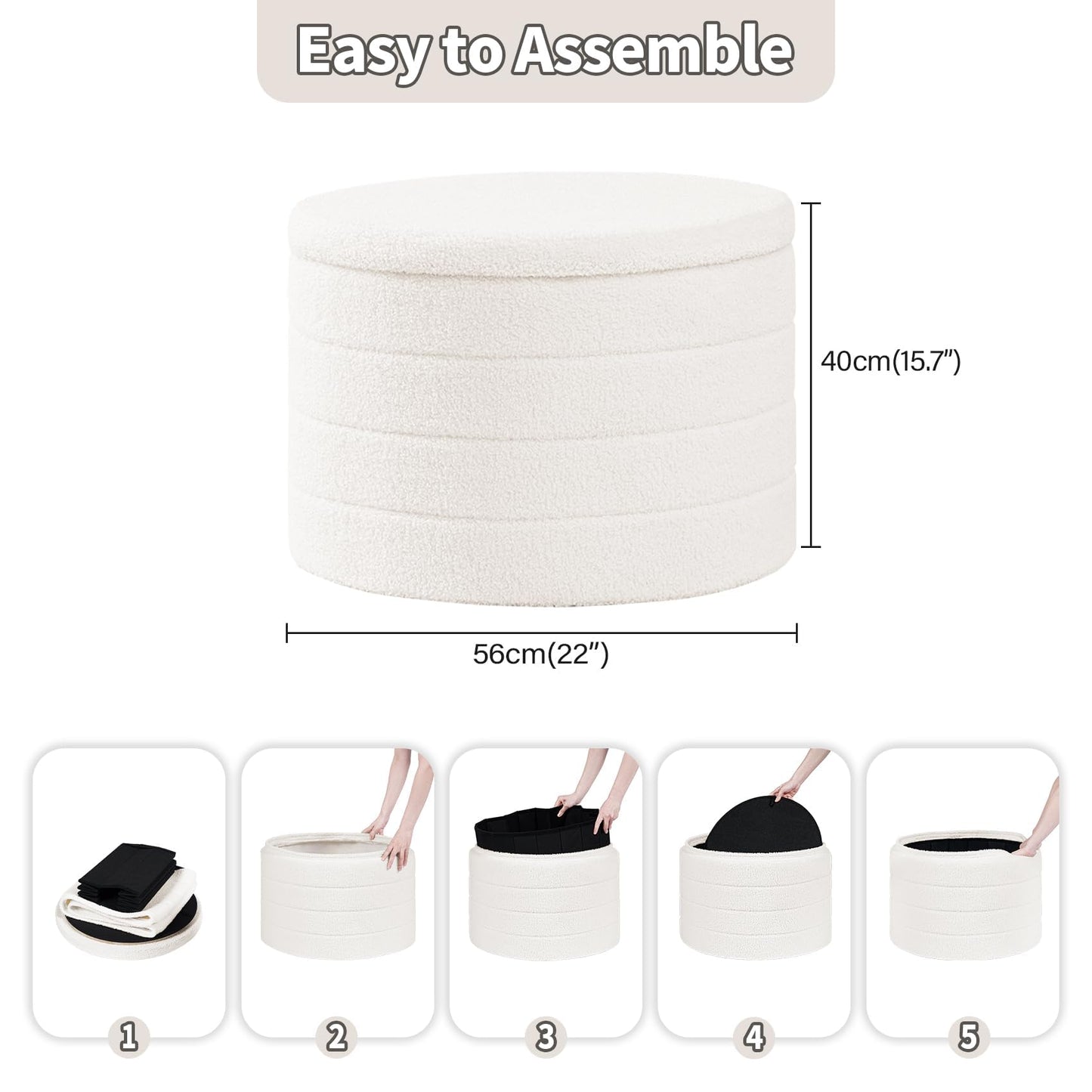PINPLUS Round Ottoman Storage, Convertible Table, Cream White, 56x56x40 cm