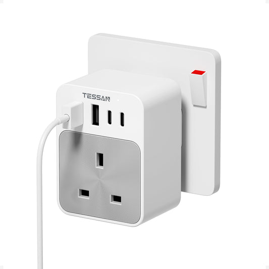 TESSAN USB C Plug Adaptor UK, Multi Plug Extension Socket with 4 USB Charger, 1 Way Wall Charger Sockets 3250W, Power Adapter for Home, Kitchen,