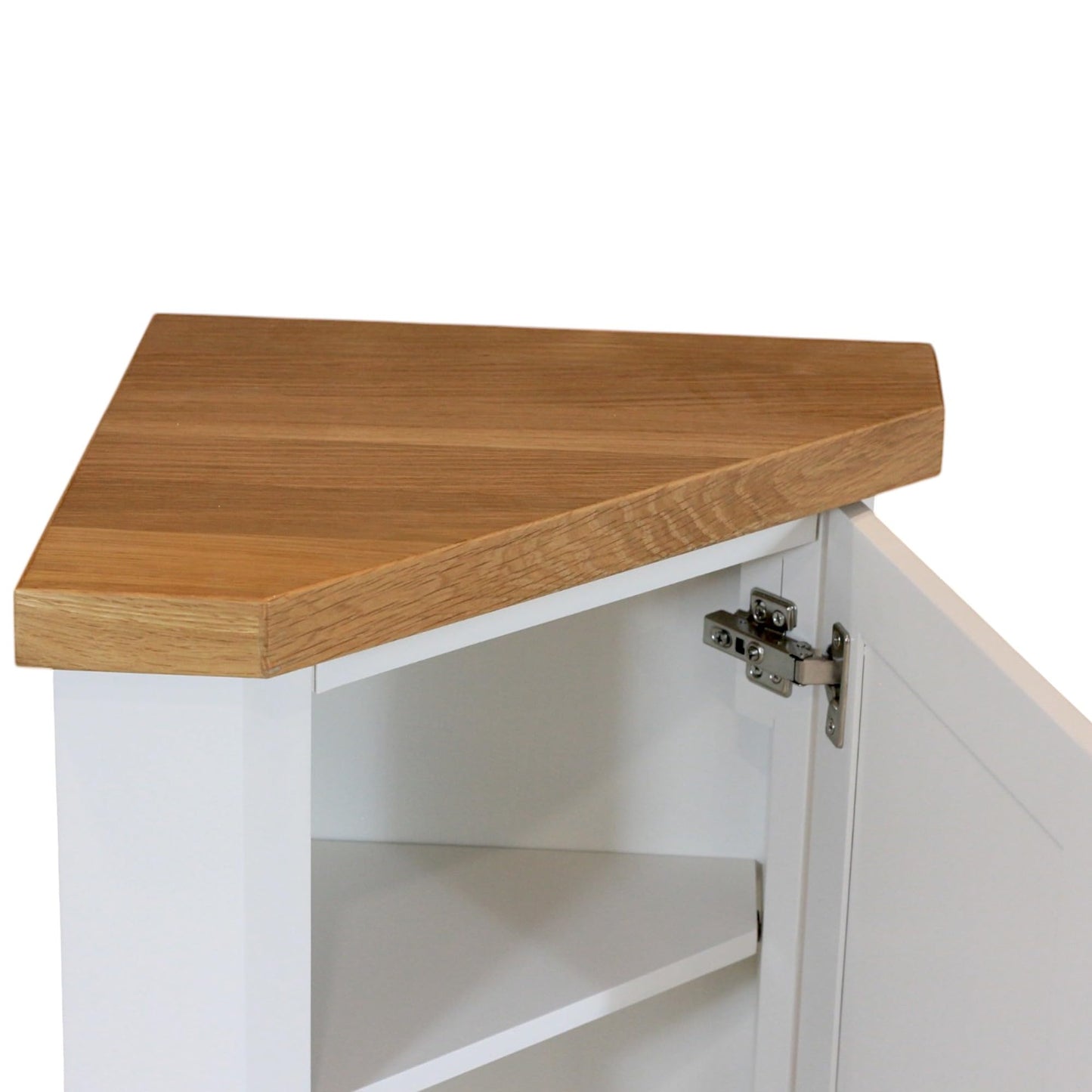 GROF Furniture Chunky Corner Unit, All White Painted Storage Cuboard, Triangle Unit Oak Top fit well in Livingroom, Bathroom & Hallway