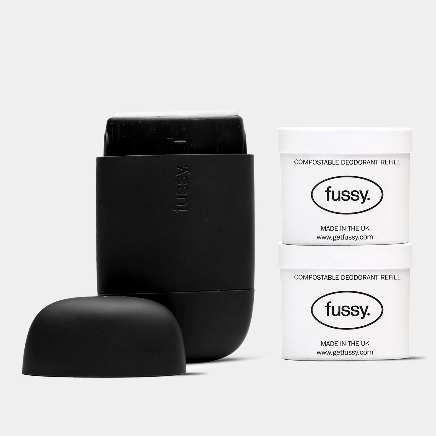 Fussy - Mens Natural Refillable Deodorant - Aluminium Free - 24 Hour Protection - Midnight Black Case & Variety Refill Pack (2 x 40g) - Wide Eyed &